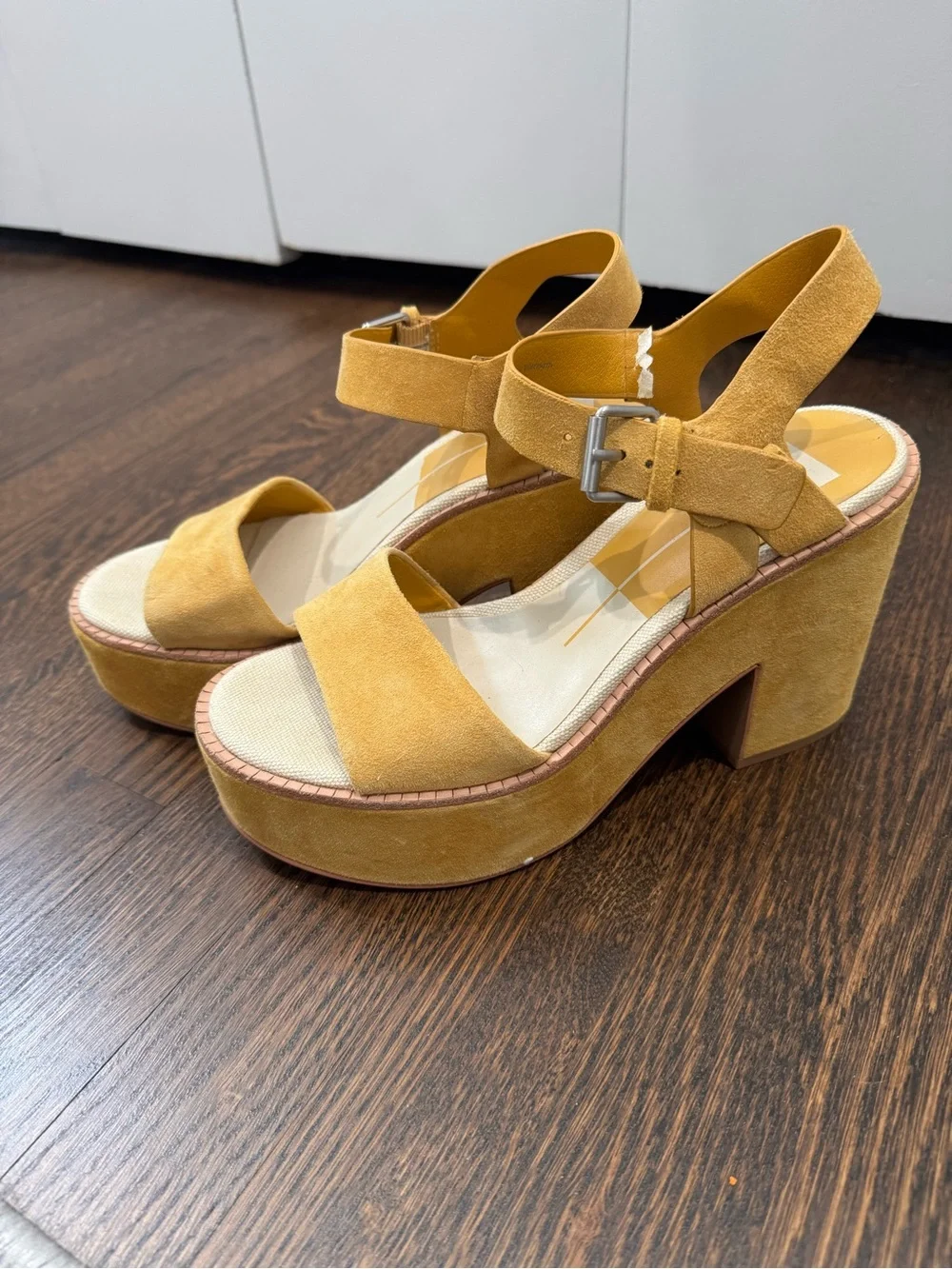 Dolce Vita Platform Suede Ankle-Strap Sandals in Mustard Yellow
